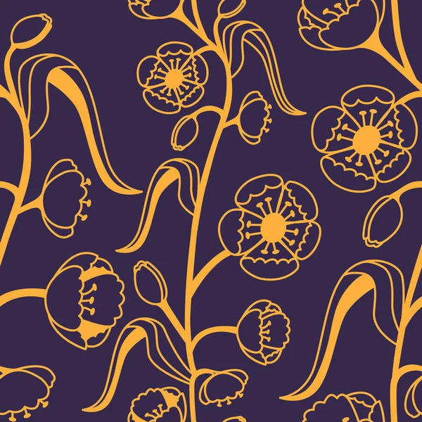 Цветочный Декоративный Узор Maquis Бесшовный Золотой Узор Фиолетовом Фоне — стоковый вектор