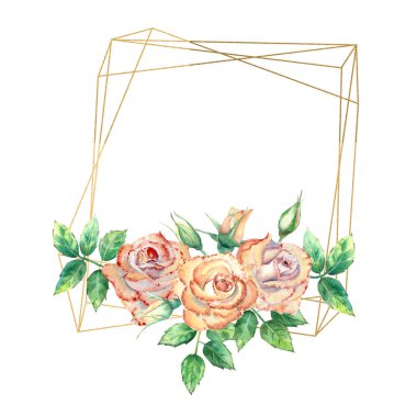 Çiçeklerle süslenmiş altın geometrik çerçeve. Şeftali gülleri, yeşil yapraklar, açık ve kapalı çiçekler. Suluboya çizimi.