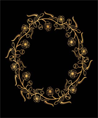 Çiçek motifli dekoratif altın çelenk. Çiçekli ve yapraklı yaz altın çerçevesi. Vektör izole illüstrasyonu.