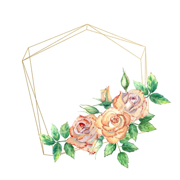 Золота Геометрична Рамка Прикрашена Квітами Персикові Троянди Зелене Листя Відкриті — стокове фото