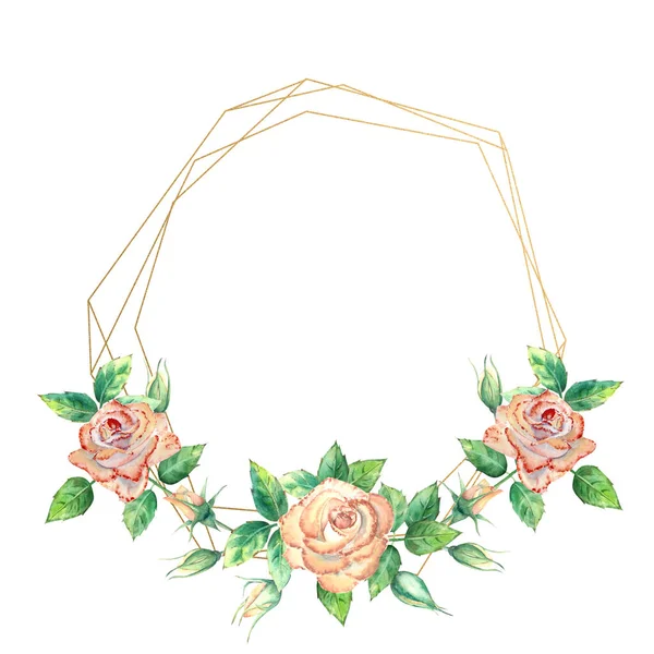 花で飾られた金の幾何学的なフレーム 桃のバラ 緑の葉 開いて閉じた花 水彩画 — ストック写真