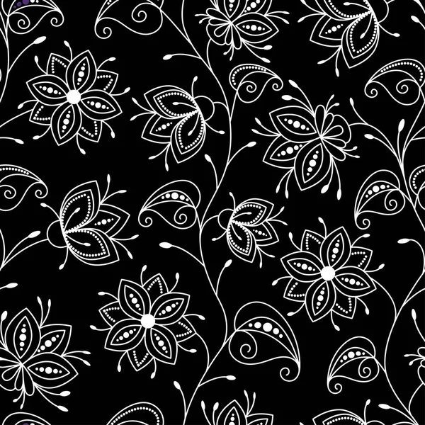 Seamless Pattern Decorative Wildflowers Floral White Contour Pattern Black Background — Stock Vector