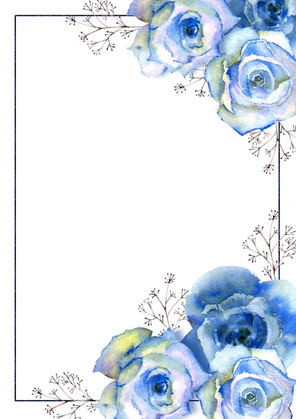 Cadre Avec Aquarelle Florale Rose Bleu Illustration Sur Fond Isolé — Photo