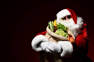 Bir çanta dolusu sebze ve meyveli Noel Baba.
