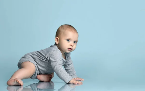 Toddler in gray bodysuit, barefoot. He is sitting on the floor against blue studio background. Close up, copy space — Stock Photo, Image