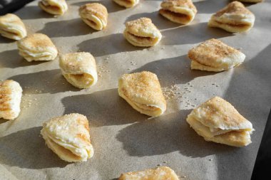 Şekerli ve tarçınlı ev yapımı üç köşeli süzme peynirli kurabiyeler. Evde yemek, tatlı. Lezzetli çörekler. Çocuklar ve yetişkinler için yumuşak ve lezzetli bir ikram