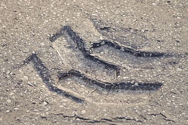 Pegadas no asfalto de carros ou rodas. asfalto macio após o fluxo de calor, copyspace — Fotografia de Stock