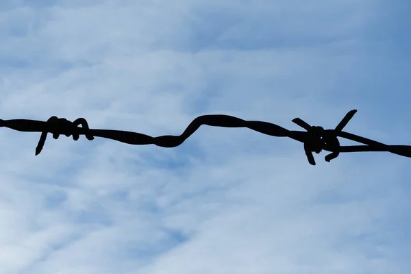 an element of black barbed wire against a blue sky on a Sunny day. Closed territory, concentration camp. restriction of access to the territory of an industrial facility