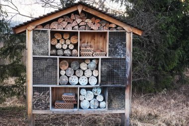 Arılar ve böcekler için farklı doğal maddelerden yapılmış bir ev. Böcek oteli ya da barınak, boş böcek oteli yakın görüş. Böceklere yuva olanakları sağlayın.