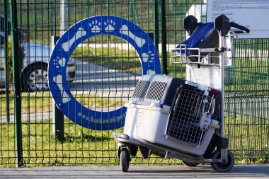 Krakow, Polonya 04.01.2019: hayvan yürüme alanı yakınlarındaki at arabasında gri büyük hayvan taşıyıcısı. Hareket eden kedi ve köpekler için karantina. Ülke, evcil hayvanlı uçuşlar için kurallar koyuyor
