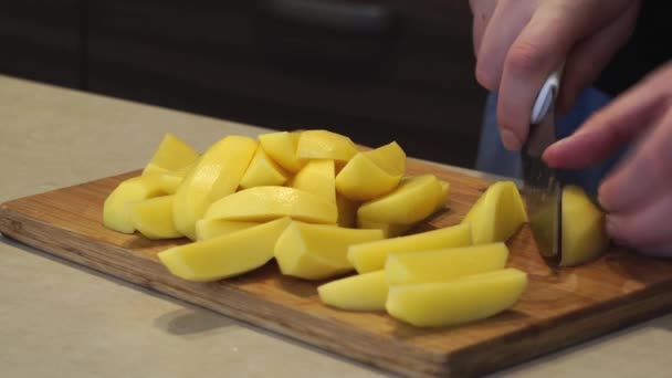 女性は鍋を背景にナイフで生の新鮮な黄色のジャガイモを切り取り 自家製の食べ物を調理する — ストック動画