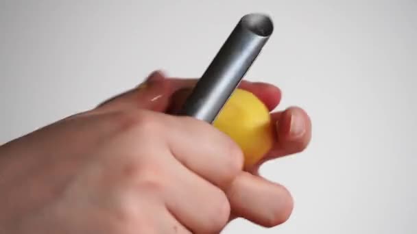 Woman Cuts Raw Fresh Yellow Potatoes Pieces Knife Background Pot — Stock Video