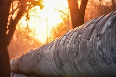 Sonbaharda altın bir günbatımının arka planına karşı sokakta sıcak su veya yakıt borusu. Şehir iletişimi. Kanalizasyon ve ısıtma. Petrol ve Gaz ile Endüstriyel Boru