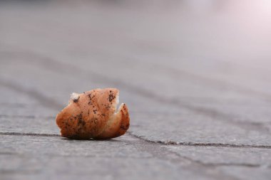 Kuşlar tarafından ısırılan bir çörek asfaltta uzanıyor, şehirdeki güvercinleri ve serçeleri besliyor. Yardım ve açlık grevi kavramı. Çavdar ekmeği yerde yatıyor. Soğuk mevsimde beslenen kuşlar