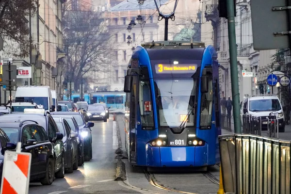 Krakow Poland 2019 Tram Rides Foggy European City Lights Hanging — Stock Photo, Image