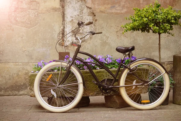 Uma Bicicleta Moderna Cidade Preta Fica Lado Uma Cama Flores — Fotografia de Stock