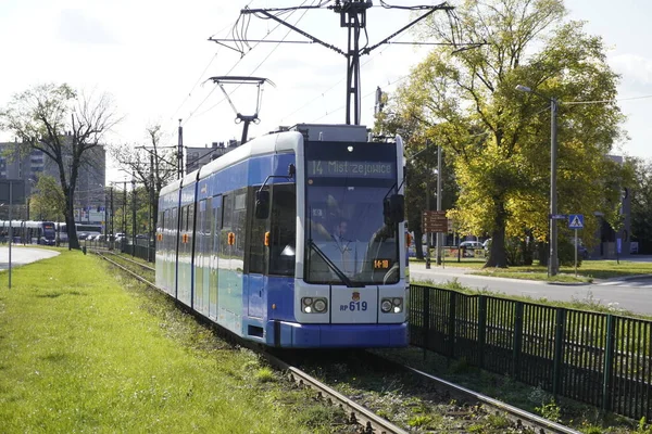 Poland Krakow 2020 Modern City Blue Tram City Street Eco — Stock Photo, Image