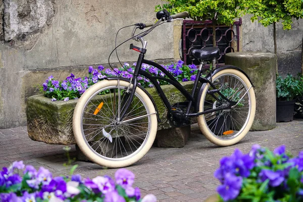 Uma Bicicleta Moderna Cidade Preta Fica Lado Uma Cama Flores — Fotografia de Stock