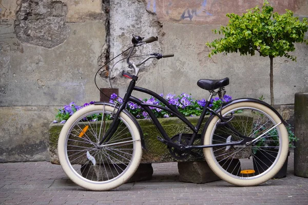 Uma Bicicleta Moderna Cidade Preta Fica Lado Uma Cama Flores — Fotografia de Stock