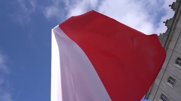 Polska Czerwono Biała Flaga Przeciwko Błękitnemu Niebu Dzień Flagi Stanu — Wideo stockowe