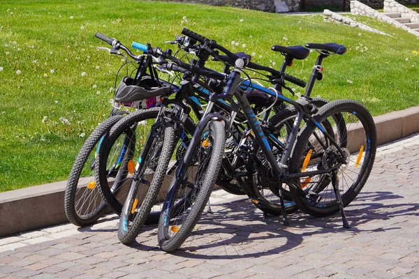 Cracóvia Polônia 2020 Grupo Bicicletas Fica Gramado Verde Sunny Andando — Fotografia de Stock