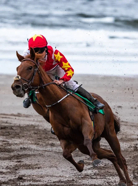 Hlavní Závodní Kůň Žokej Cválající Rychlostí Pláži — Stock fotografie