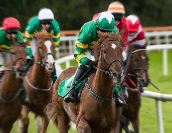 Primer Plano Los Caballos Carreras Galopantes Las Carreras Jinetes Fondo — Foto de Stock