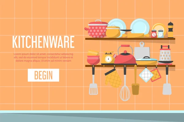 Desain banner web Kitchenware. Koleksi peralatan dapur - Stok Vektor