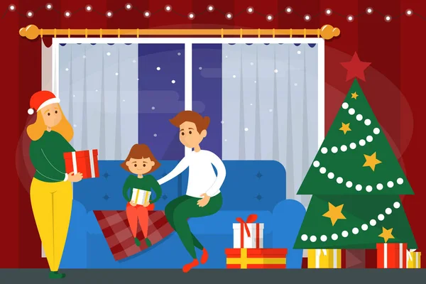 在客厅里的家人 圣诞装饰、树和礼物 — 图库矢量图片#