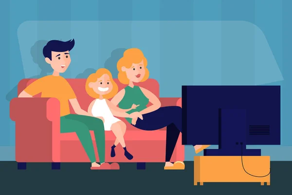 Ibu dan anak menonton TV di rumah. Keluarga - Stok Vektor