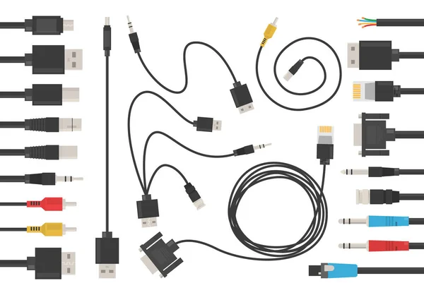 Cable cable conjunto vector aislado. USB para ordenador, conexión — Archivo Imágenes Vectoriales