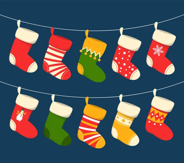 Christmas stocking hanging vector isolated. Red and green sock — Stock Vector