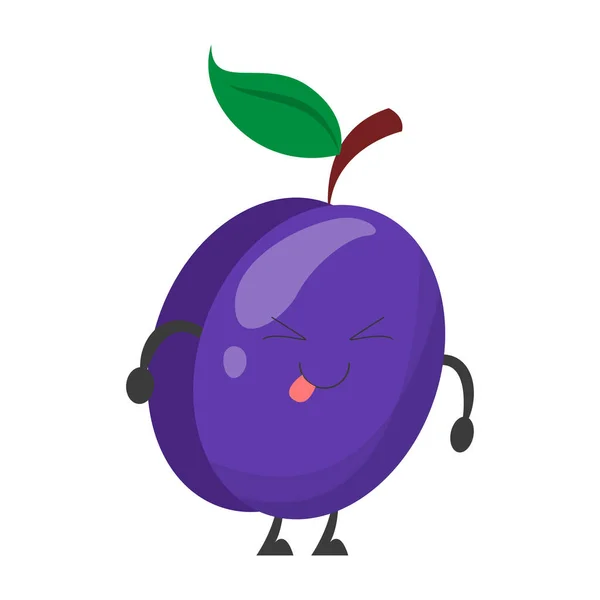 Happy plum character with face vector isolated. Cute fruit — Stock Vector