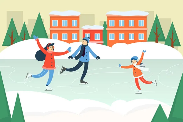 Glada människor i vinterkläder åker skridskor på skridskobana. Vinter — Stock vektor