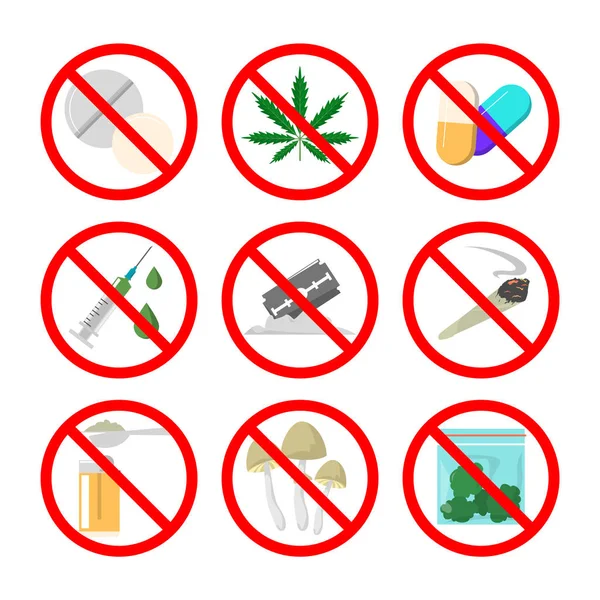 Collection of narcotic in the red sign vector isolated. Drug — Stock Vector