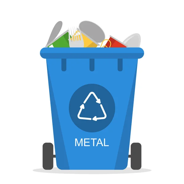 Metal garbage falling in the trash bin vector isolated. Waste — Stock Vector