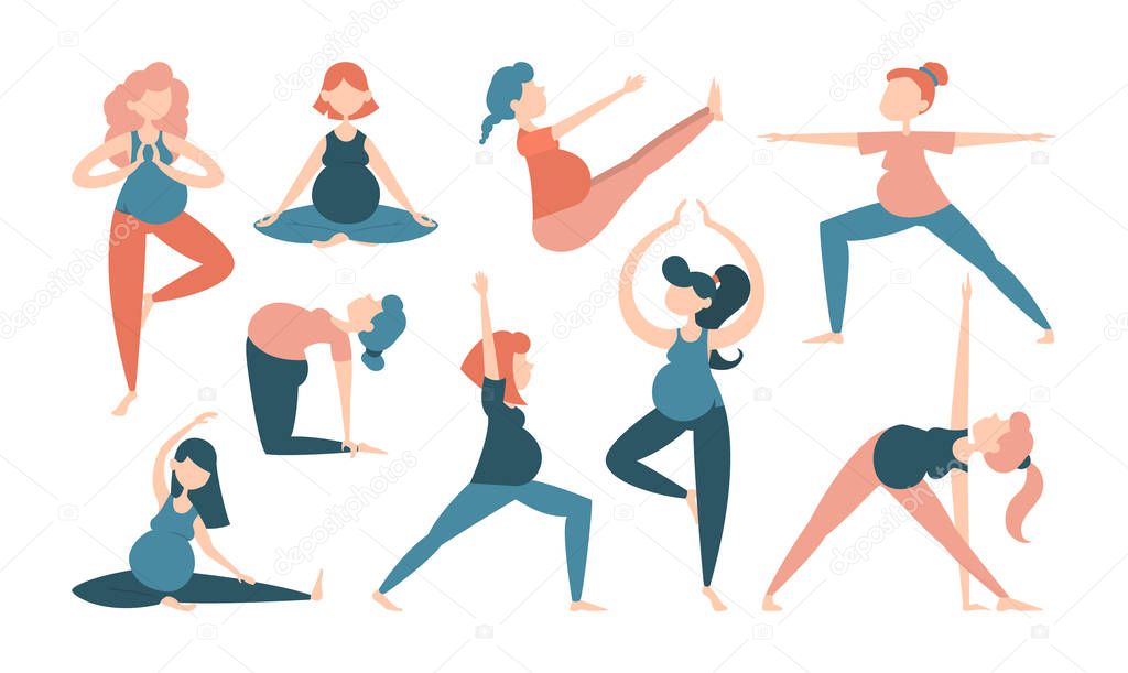 Collection of pregnant woman doing yoga exercise.