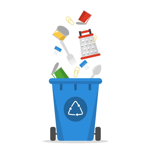 Metal garbage falling in the trash bin vector isolated. Waste — Stock Vector
