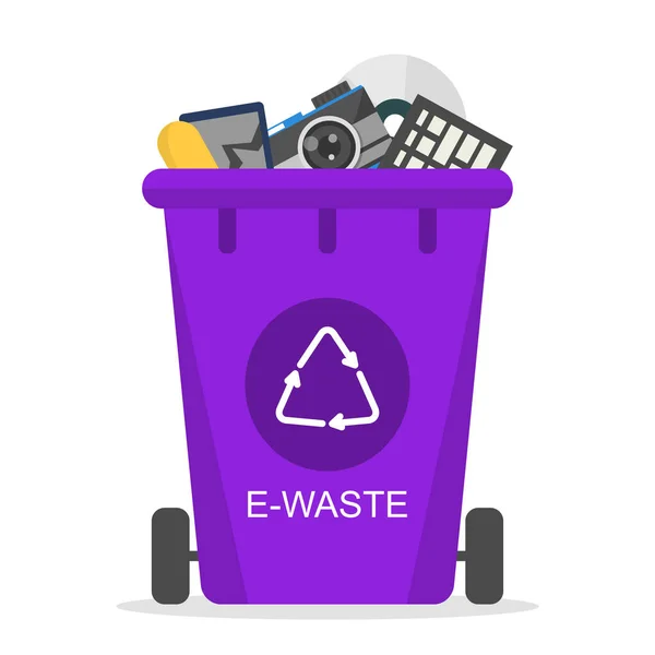 E-odpad v odpadkovém koši izolován. Recyklace — Stockový vektor