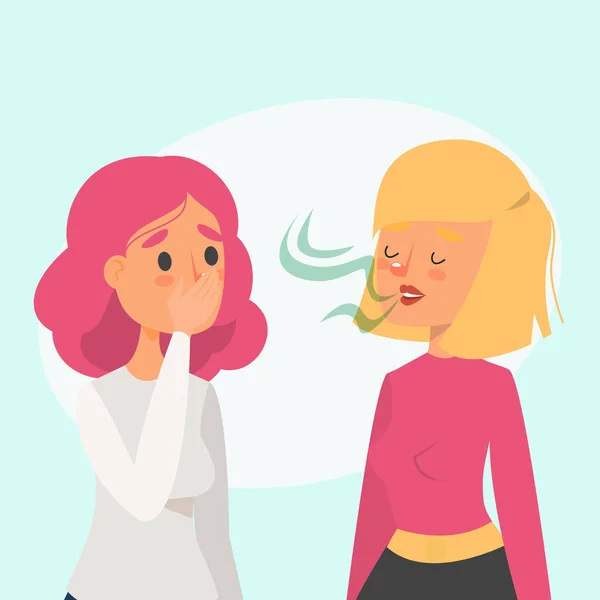 Nefesi kötü kokan bir kadın arkadaş vektörüyle konuşuyor.