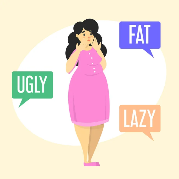 Body shame vector isolated illustration. Fat woman ashamed — 图库矢量图片