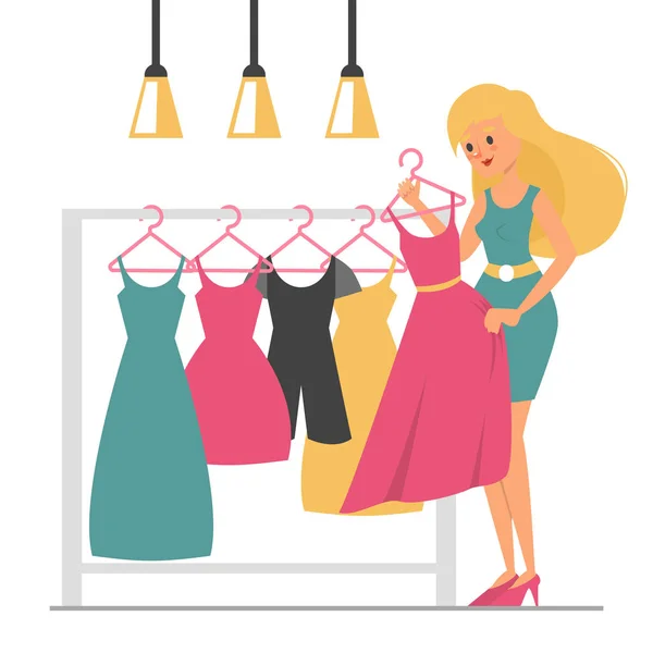 Frau einkaufen Vektor isoliert. Käuferin und Kleid — Stockvektor