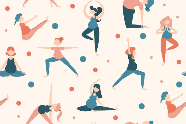 瑜伽姿势中怀孕妇女的无缝图案 — 图库矢量图片