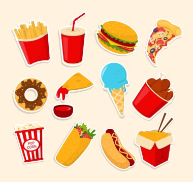 Fast food toplama vektörü izole edildi. Abur cubur takımı.