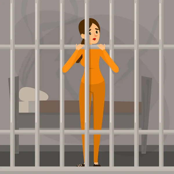 Triste femme en prison. Personne en vêtements orange — Image vectorielle