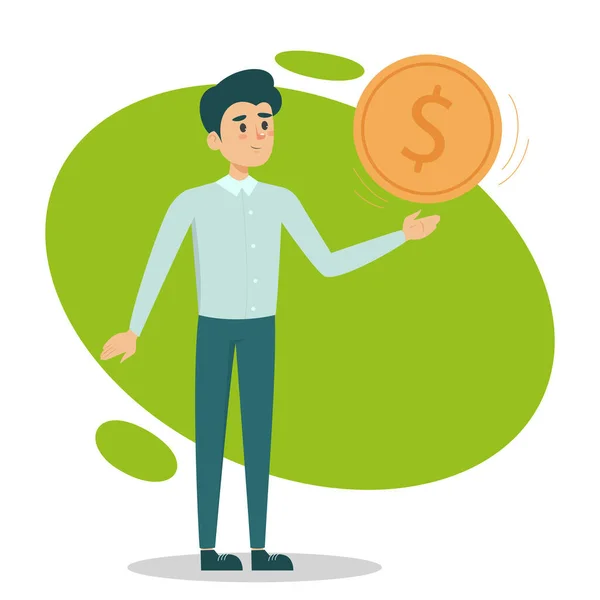 Happy man holding a giant golden coin vector isolated — ストックベクタ