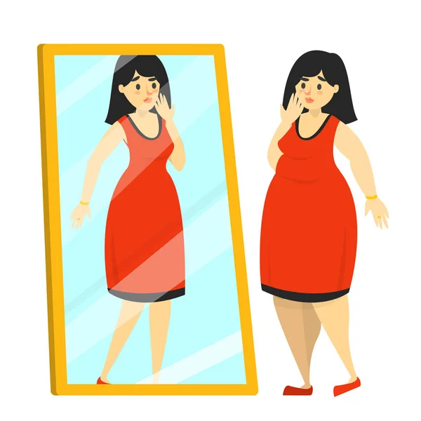 Gelukkig vet vrouw in rood jurk kijken naar fit reflectie — Stockvector