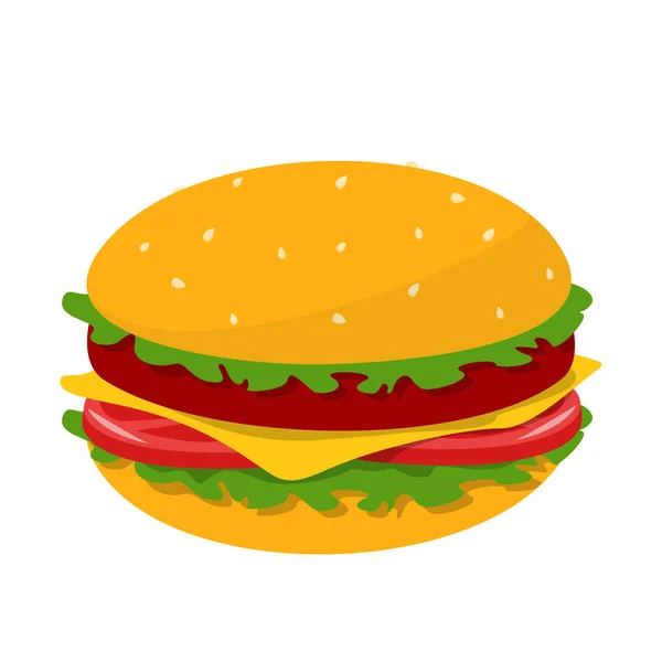 Tasty burger vector isolated. Meat, salad, tomato and cheese — Stock Vector