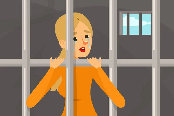 Mulher triste na prisão. Pessoa em roupa laranja — Vetor de Stock