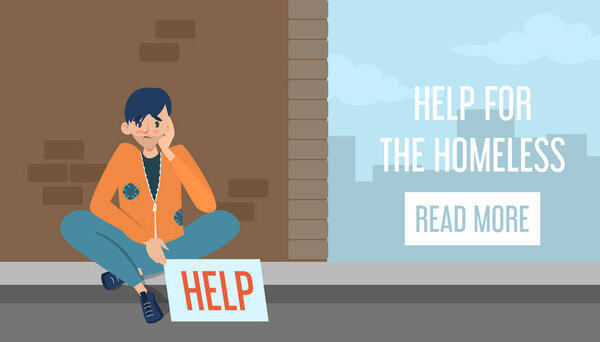 Help for homeless web banner design. Poor man in dirty